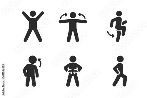 Warm-Up Exercise Icons. Solid, filled icon set of warm-up exercises: jumping jacks, arm circles, leg swings, high knees, lunges,