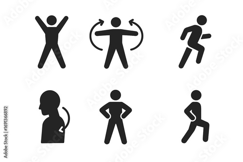 Warm-Up Exercise Icons. Solid, filled icon set of warm-up exercises: jumping jacks, arm circles, leg swings, high knees, lunges,