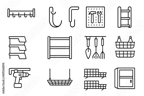 Garage Storage Icons. Outline icon set of garage vertical storage: wall rack, bike hook, pegboard tools, ladder hanger, storage