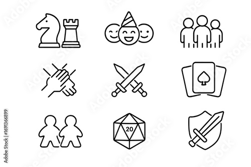 Board Game Icons. Outline icon set of Board game genres: strategy, party, family, cooperative, war game, deck