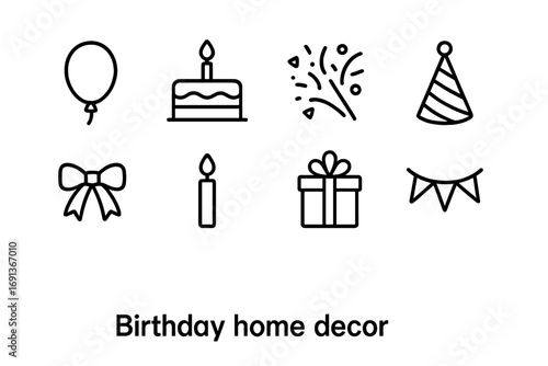 Birthday Decor Icons. Outline icon set of birthday home decor: balloon, cake, confetti, party hat, ribbon,