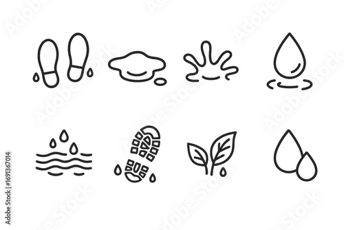 Water Stain Icons. Outline icon set of water stains: wet footprints, puddle, water splash, raindrop, soaked ground, shoe print,
