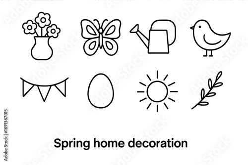 Spring Decor Icons. Outline icon set of spring home decoration: flower vase, butterfly, watering can, bird,
