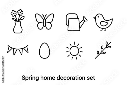 Spring Decor Icons. Outline icon set of spring home decoration: flower vase, butterfly, watering can, bird,