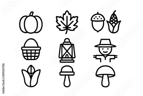 Autumn Icon Set. Outline icon set of autumn decoration: pumpkin, leaf, acorn, basket, lantern, corn, scarecrow
