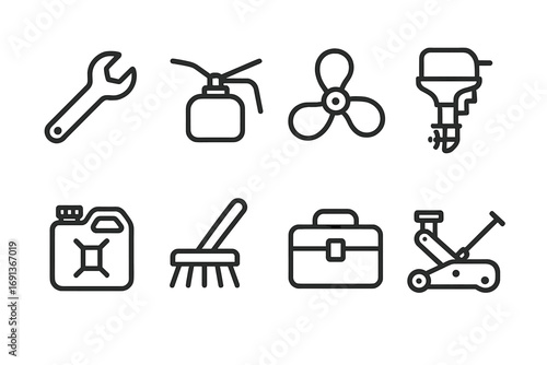 Watercraft Maintenance Icons. Outline icon set of watercraft maintenance tools: wrench, oil can, propeller, engine, fuel tank,