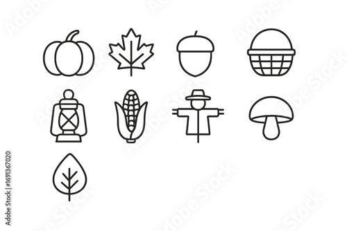 Autumn Icon Set. Outline icon set of autumn decoration: pumpkin, leaf, acorn, basket, lantern, corn, scarecrow