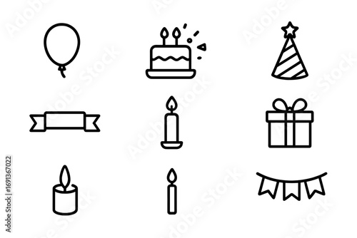 Birthday Decor Icons. Outline icon set of birthday home decor: balloon, cake, confetti, party hat, ribbon,