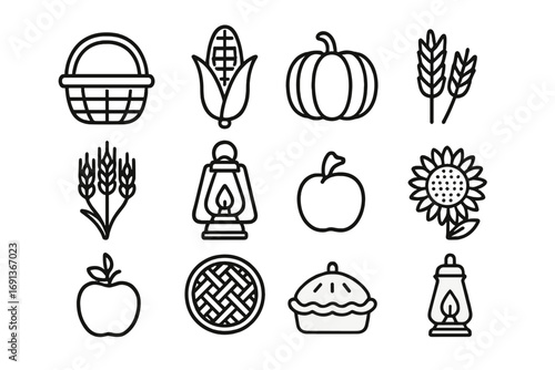 Harvest Festival Icons. Outline icon set of harvest festival decoration: basket, corn, pumpkin, wheat, lantern
