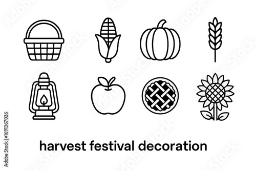 Harvest Festival Icons. Outline icon set of harvest festival decoration: basket, corn, pumpkin, wheat, lantern