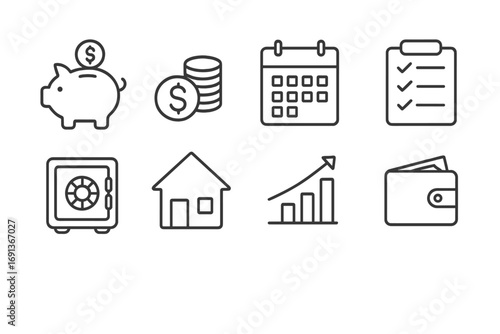 Family Finance Icons. Outline icon set of Family emergency fund: piggy bank, coins, calendar, checklist, safe,
