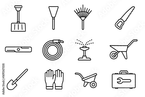 Garden Tool Repair Icons. Outline icon set of seasonal garden tool repair: snow shovel, ice scraper, leaf rake, hedge trimmer,