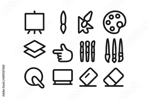 Digital Tools Icons. Outline icon set of Digital painting workflow: canvas, paintbrush, color picker, palette,