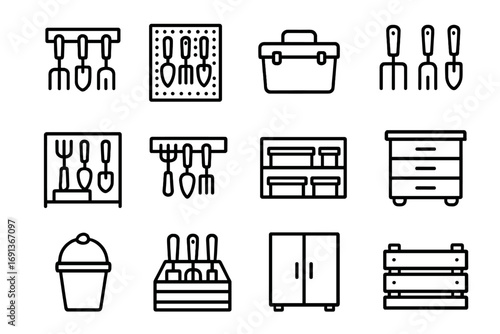 Garden Tools Storage Icons. Outline icon set of organizing repaired garden tools: tool rack, pegboard, tool box, hanging hooks,
