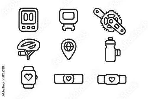 Cycling Gadgets Icons. Outline icon set of cycling gadgets: cycling computer, cadence sensor, power meter,