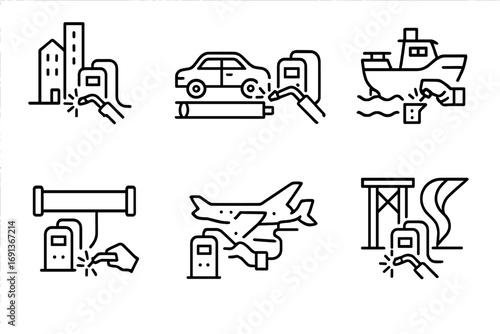 Welding Icons Set. Outline icon set of welding machine usage: construction, automotive repair, shipbuilding, pipeline welding,