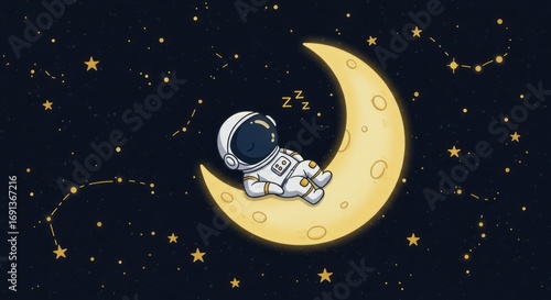 Astronaut Sleeping on the Moon A Cute Space Cartoon Illustration