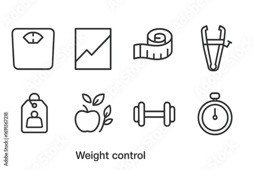 Weight Control Icons. Outline icon set of weight control: scale, BMI chart, measuring tape, body fat caliper, weight tag,