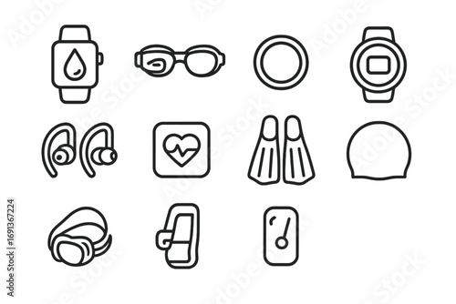 Swimming Tech Icons. Outline icon set of swimming fitness tech: waterproof smartwatch, swim goggles with HUD,