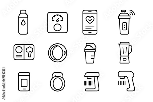 Nutrition Gadget Icons. Outline icon set of nutrition and fitness gadgets: smart water bottle, food scale,