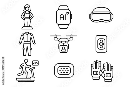 Futuristic Fitness Icons. Outline icon set of futuristic fitness gadgets: hologram trainer, AI fitness band,