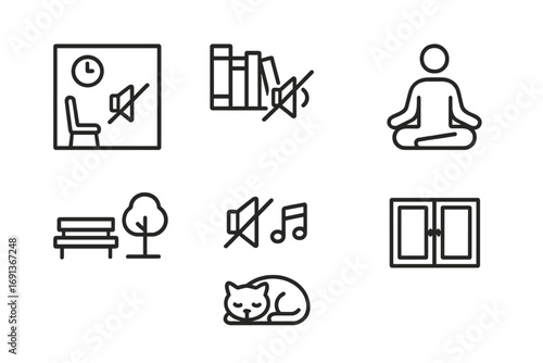 Whisper Environment Icons. Outline icon set of whisper environment: quiet room, library silence, meditation pose, peaceful park
