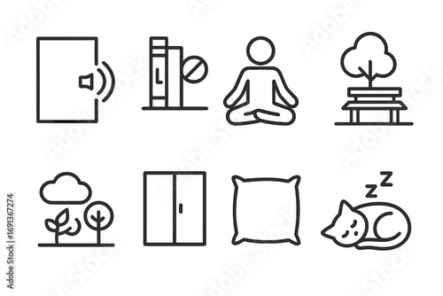 Whisper Environment Icons. Outline icon set of whisper environment: quiet room, library silence, meditation pose, peaceful park