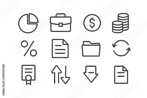 Investment Icon Set. Outline icon set of investment portfolio with bonds: pie chart, briefcase, dollar sign,