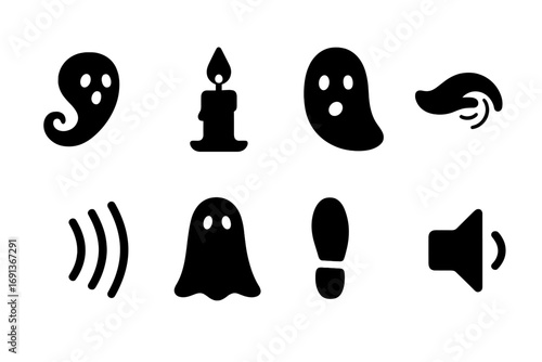 Whispering Spirits Icons. Solid, filled icon set of whispering spirits: ghost swirl, candle flicker, ethereal face, whisper line,