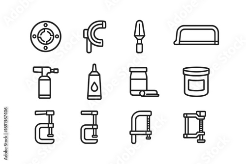 Pipe Repair Tools Icons. Outline icon set of Pipe repair tools: pipe threader, pipe bender, pipe reamer,