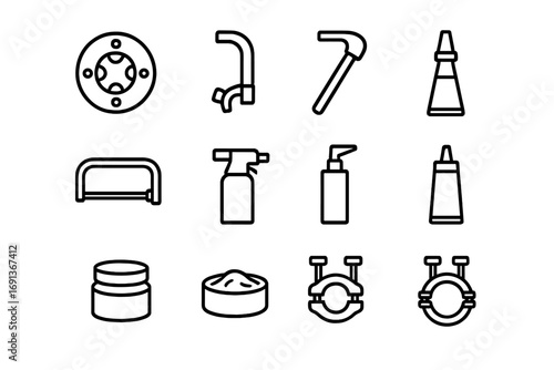 Pipe Repair Tools Icons. Outline icon set of Pipe repair tools: pipe threader, pipe bender, pipe reamer,