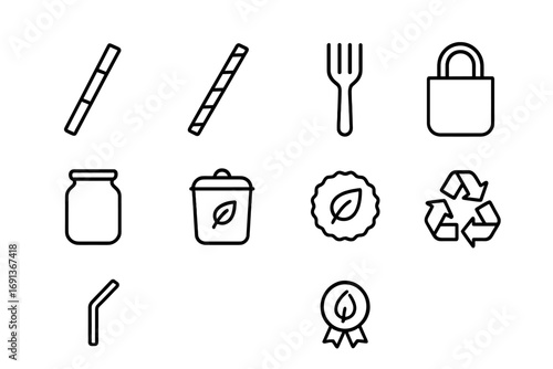 Eco-Friendly Icons Set. Outline icon set of plastic alternatives: bamboo straw, paper straw, wooden fork,