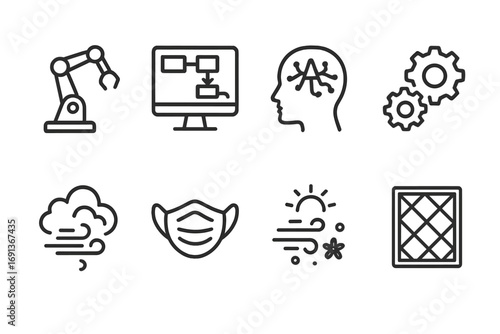 Workflow and Air Icons. Outline icon set of workflow automation: robotic arm, computer screen, conveyor belt, gears, cloud