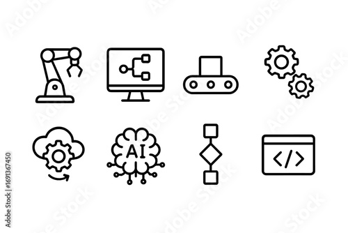 Workflow Automation Icons. Outline icon set of workflow automation: robotic arm, computer screen, conveyor belt, gears, cloud