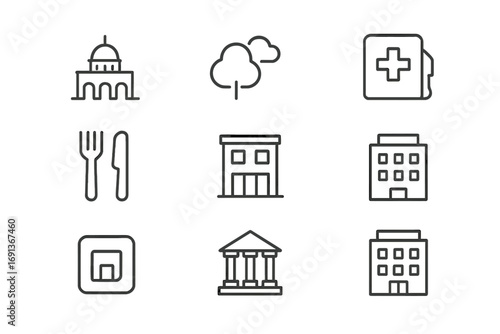 City Map Icon Set. Outline icon set of City map symbols: landmark, park, hospital, gas station, restaurant,