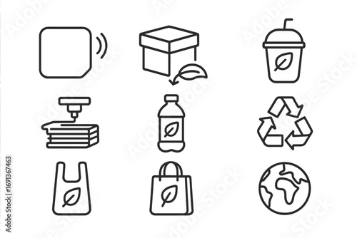 Future Eco Packaging Icons. Outline icon set of future eco packaging: smart label, compostable box,