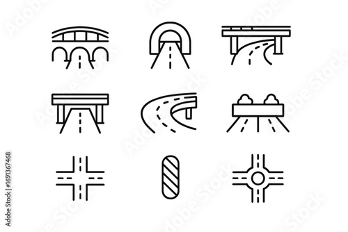 Road Infrastructure Icons. Outline icon set of Road infrastructure elements: bridge, tunnel, overpass,