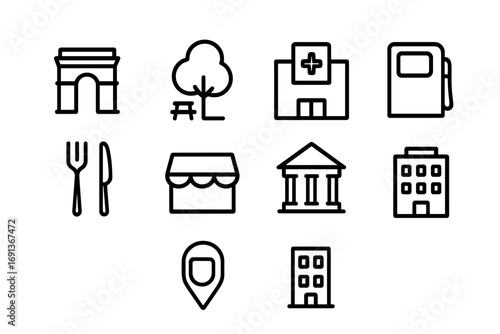 City Map Icon Set. Outline icon set of City map symbols: landmark, park, hospital, gas station, restaurant,