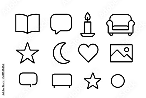 Storytelling Icon Set. Outline icon set of storytelling together: book, speech bubble, candle, sofa, star,