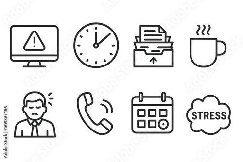 Workplace Stress Icons. Outline icon set of workplace stress: computer with warning, clock ticking, overflowing inbox, coffee cup,