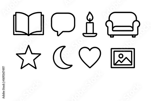 Storytelling Icon Set. Outline icon set of storytelling together: book, speech bubble, candle, sofa, star,