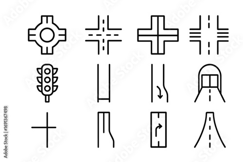 Urban Intersection Icons. Outline icon set of Urban intersections: roundabout, T-junction, crossroads,