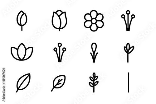 Flower Icon Set. Outline icon set of Flower buds and blooms: bud, half-open flower, full bloom, petals, stamen