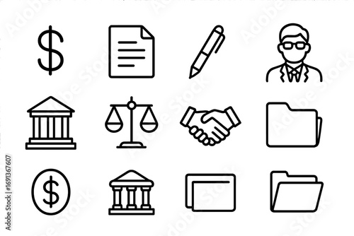 Affordable Legal Icon Set. Outline icon set of affordable legal help: dollar sign, document, pen, lawyer,