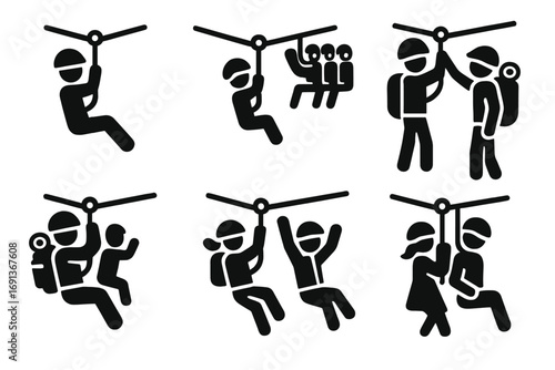 Zip Line Icon Set. Solid, filled icon set of zip line users: adult rider, child rider, group of riders, instructor, tourist with