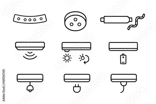 Under-Cabinet Lighting Icons. Outline icon set of Under-cabinet lighting types: LED strip, puck light,