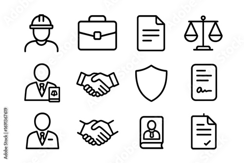 Employment Rights Icons. Outline icon set of employment rights support: worker figure, briefcase, document,