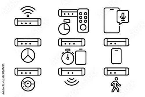 Smart Light Icon Set. Outline icon set of Smart under-cabinet lights: Wi-Fi control, remote control, voice