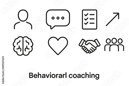 Behavioral Coaching Icons. Outline icon set of behavioral coaching: coach figure, speech bubble, checklist,