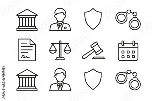 Criminal Defense Icons. Outline icon set of criminal defense support: courthouse, lawyer, shield, handcuffs,